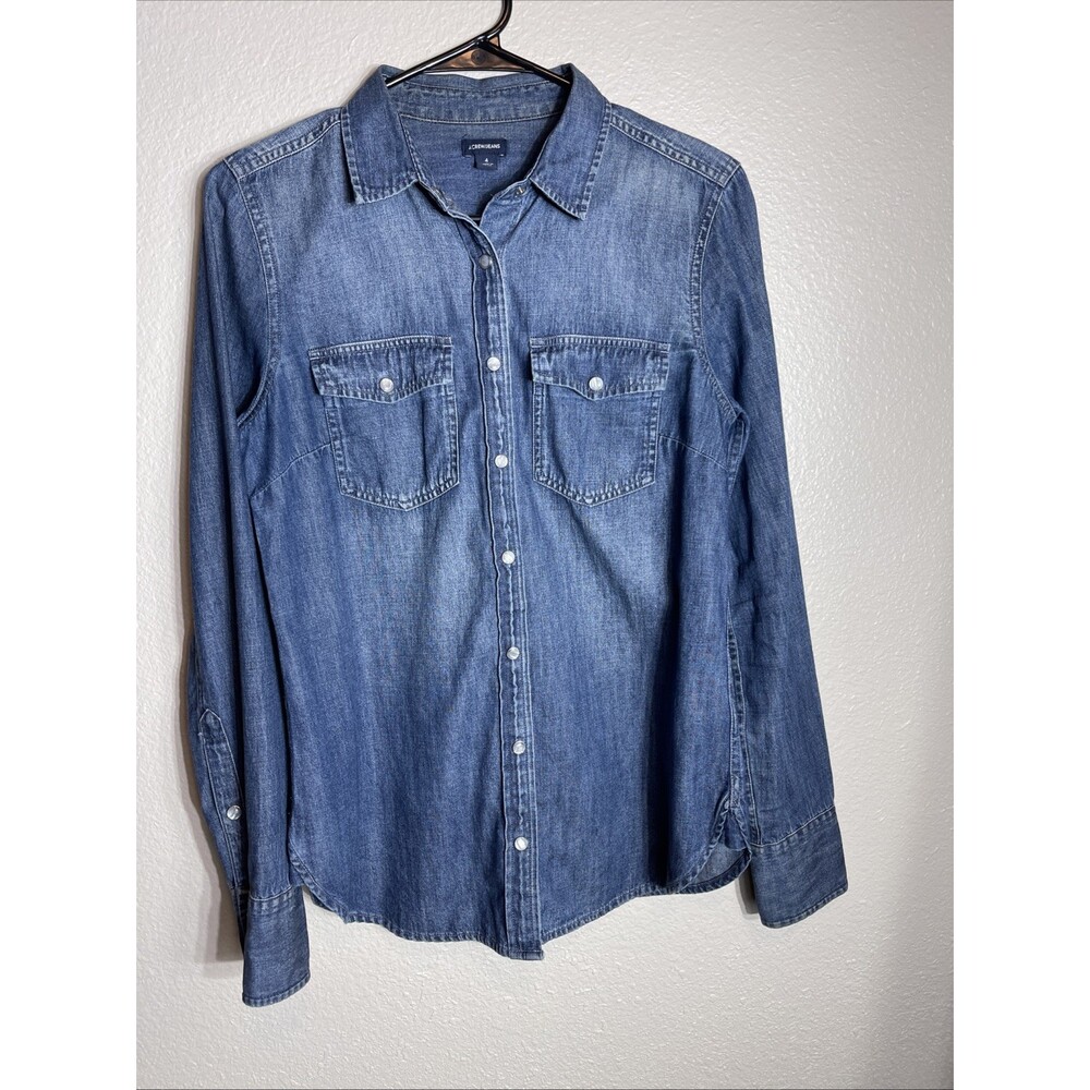 J.CREW Womens Medium Wash Blue Denim Chambray Western Shirt - Pearl Snaps Size 4